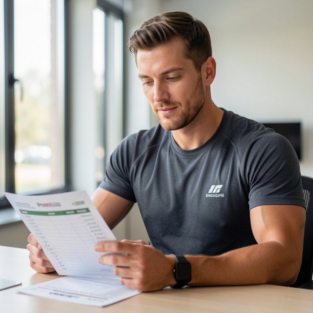Brussels personal trainer reviewing a periodised training log at a clean studio desk with natural light from large windows