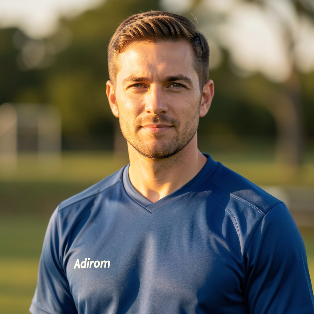 Portrait of the Adirom lead coach standing in the studio in sports attire with a calm, professional expression in warm natural light