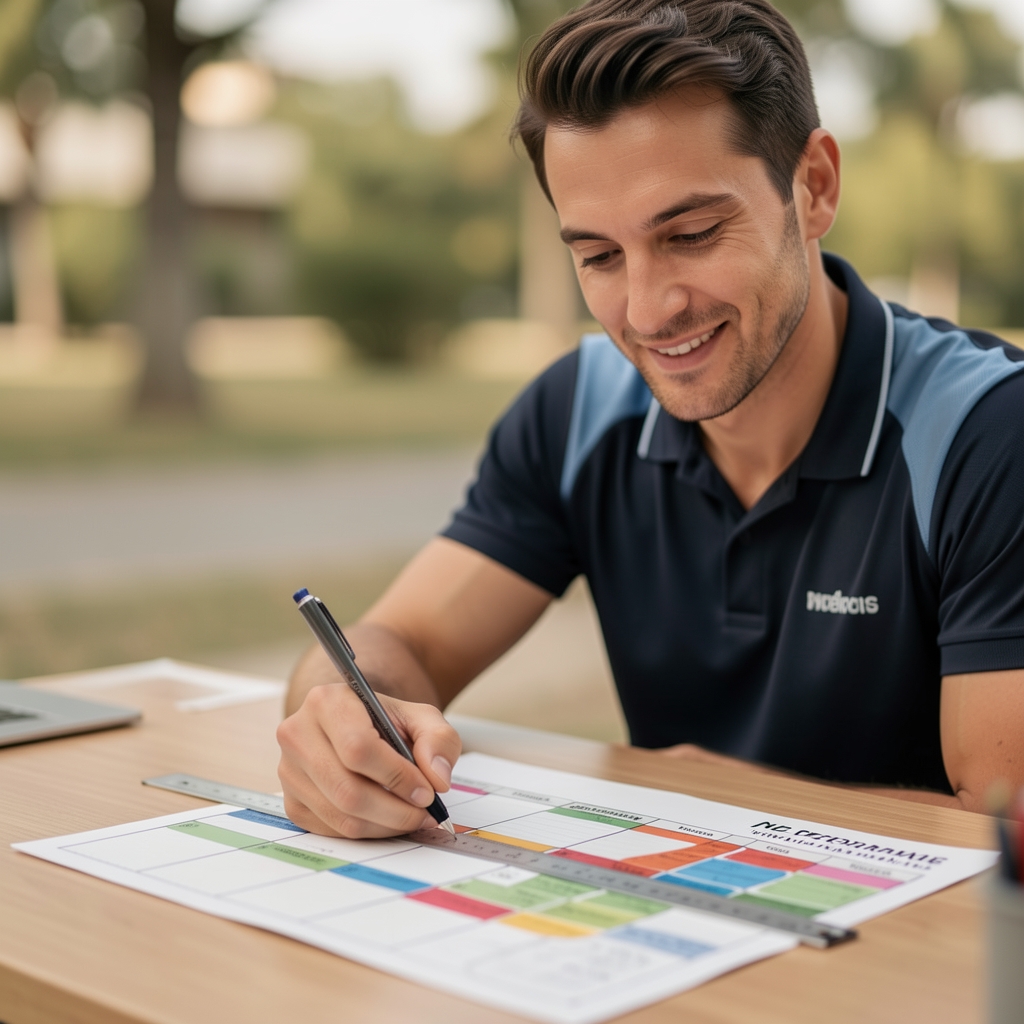 Coach writing a new programme block at a studio desk, using a ruler against a printed twelve-month planner with colour-coded training phases visible