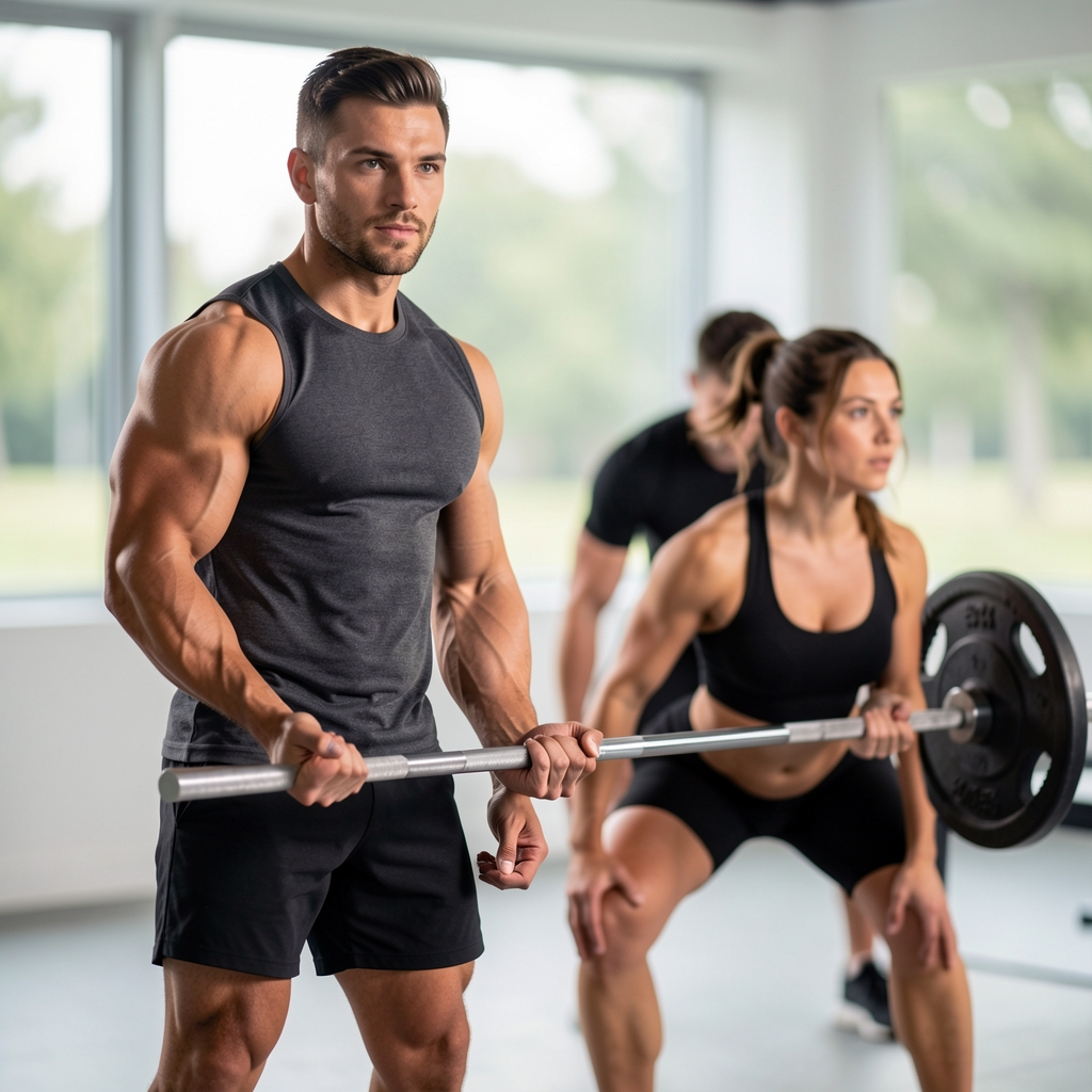 Personal trainer standing beside a client performing a barbell squat in a clean studio environment with controlled studio lighting and careful observation