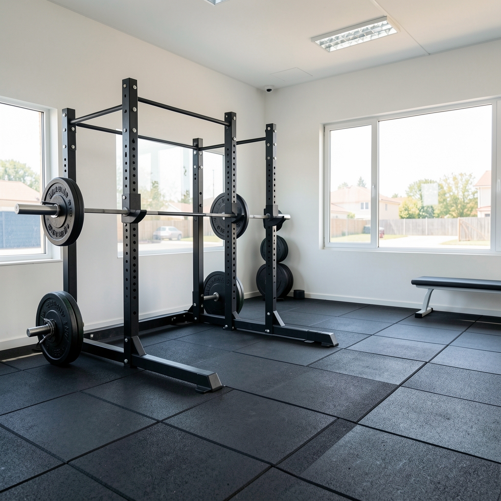 Interior of the Adirom training studio in Saint-Gilles showing rubber floor, barbell rack and clean natural lighting through large windows