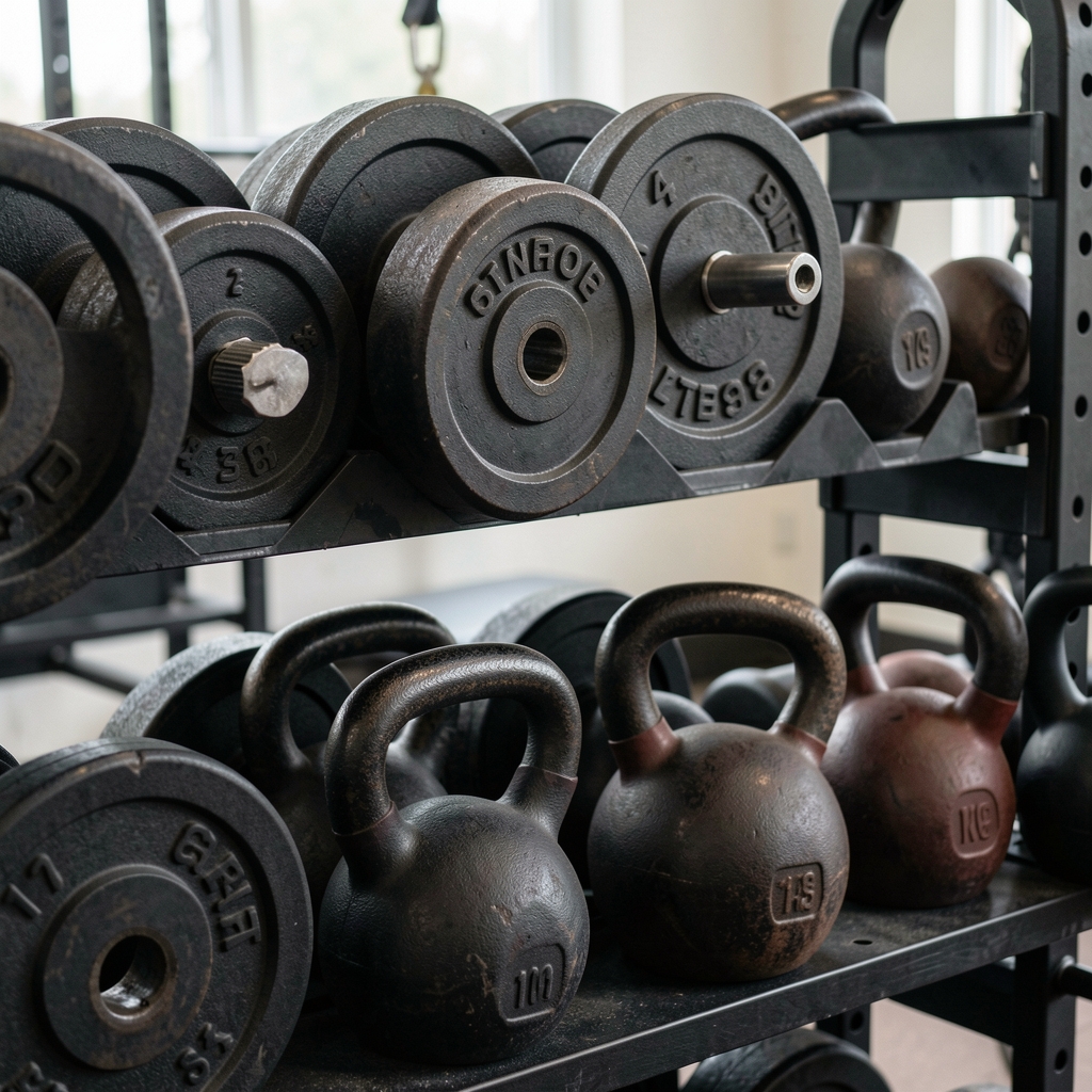 Close-up of weight plates and kettlebells neatly arranged on a studio equipment rack at Adirom Brussels