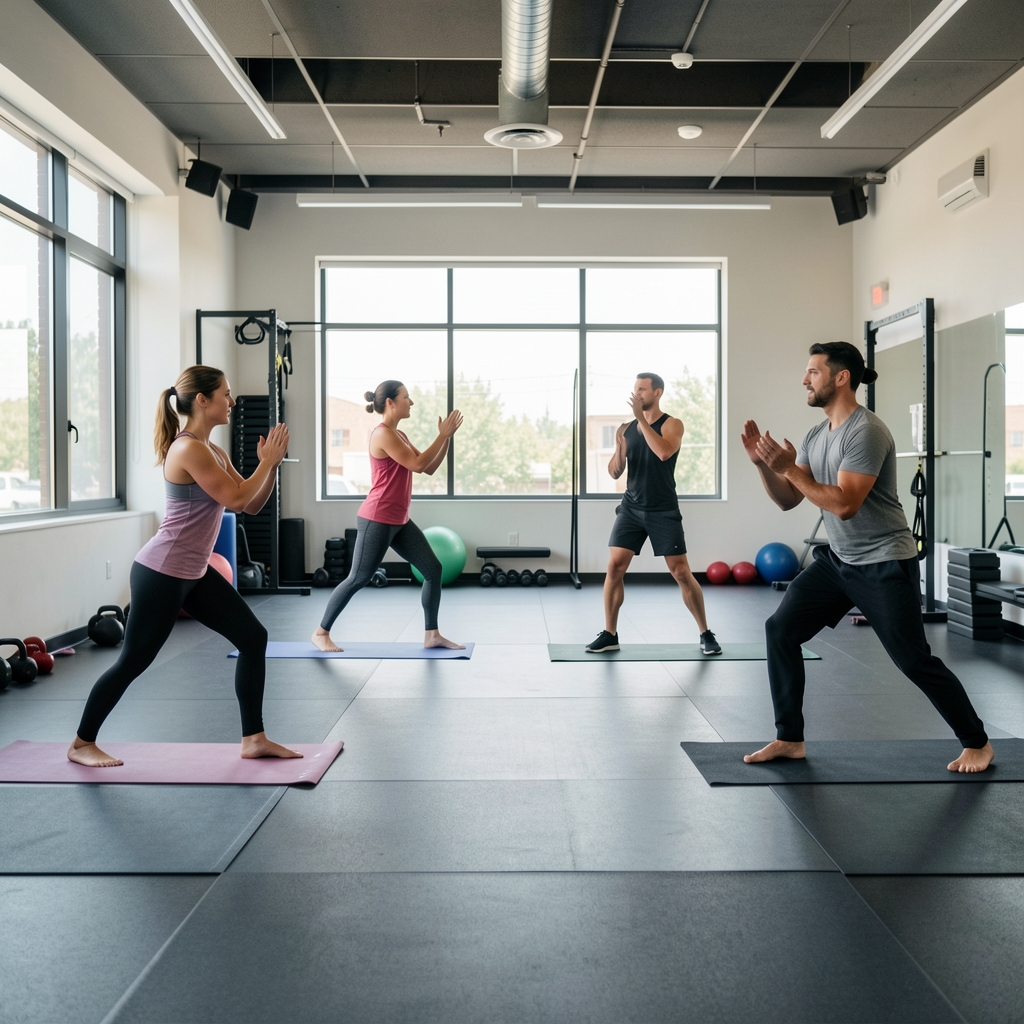 Wide shot of the Adirom Brussels studio during a group training session with four participants and visible coaching instruction